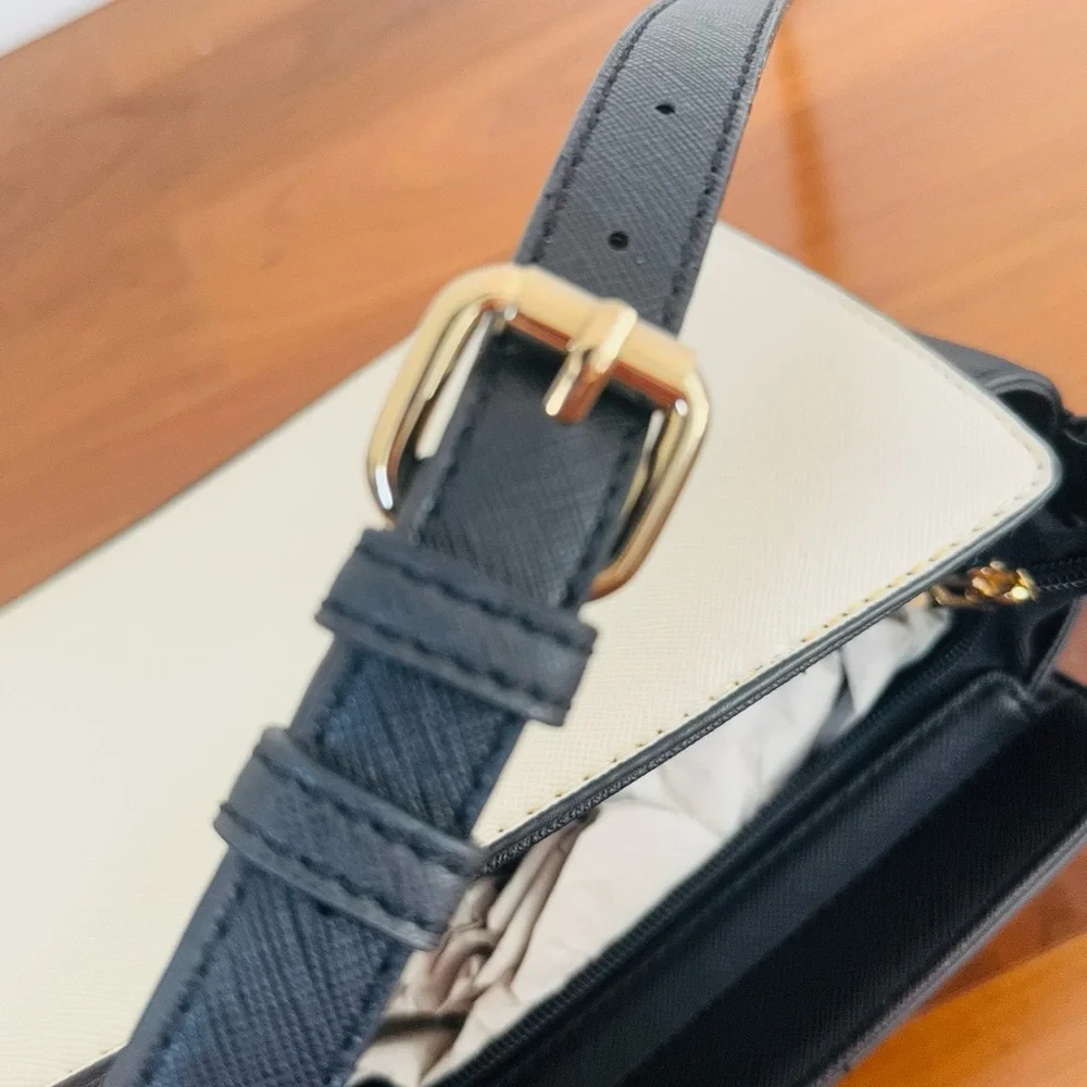 Elegant Beautiful New Crossbody bag in color block pattern in black and Beige